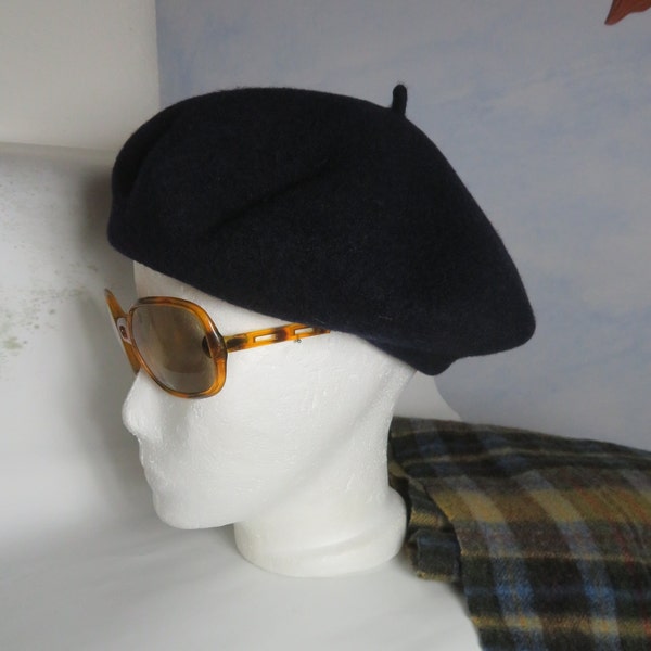 Béret français béret noir 100% laine bouillie taille 56 cm M basque chaud laine chapeau bonnet bonnet vintage