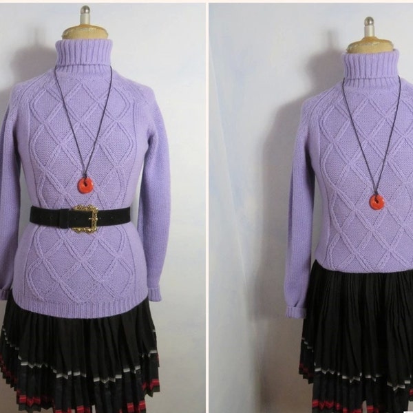 Chunky Warm Thick Irish Aran Sweater Cable Knit - Size S - soft 100% Wool - Turtleneck Long Sweater - Vintage Knitwear