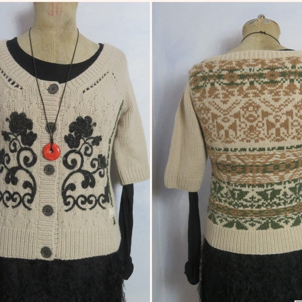 Nie getragen Odd Molly Norweger gestrickt handgemacht Jacke Size S/M Lovely Knit Beige Fair Isle Muster Floral weich warm Lammwolle bestickt