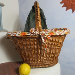 50s 60s Large German Wicker Bag Handbag Rattan Korbwaren handmade oldschool Folk Summer Bag, shopping cart floral washable inside