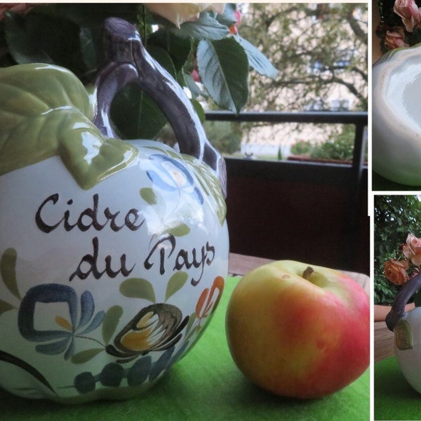 Vintage Steingut Krug "Cidre du Pays" Fayence Keramik Vase Apfelform Dekor Hütte Blumen Blätter Ast Henkelkrug Hand signiert GF fait main
