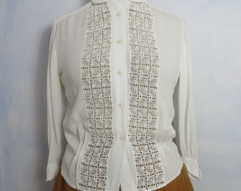 1940s lace blouse Size S Edwardian delicate cream white lace trim fine viscose, antique blouse high waist 1940 1950