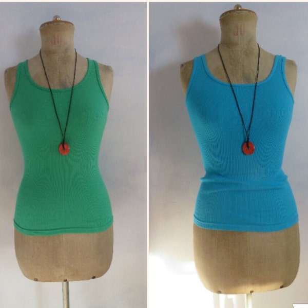 Deadstock jaren '70 Vintage geribbelde katoenen tanktop: kies groen/of blauw/of azuurblauw - Maat S/XS - Geribbeld ondershirt