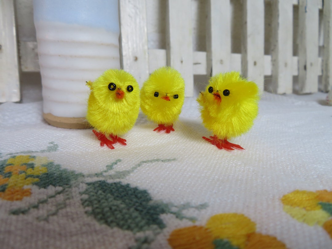 3 Cute Easter Chicks, Small Chenille Pipe Cleaner Chick Yellow, Vintage