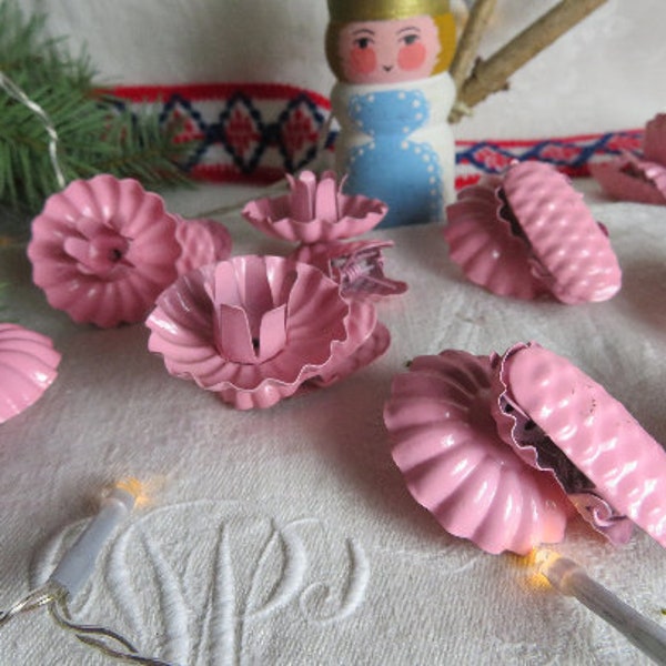 10 alte rosa Kerzenhalter Christbaum Dekoration Weihnachten Blech, Kitsch Shabby Landhaus Brocante, Vintage Baumschmuck XMAS