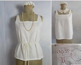 Antique hand embroidered French camisole Size S white small Victorian blouse tank top eyelet lace trim monogram undershirt 1900