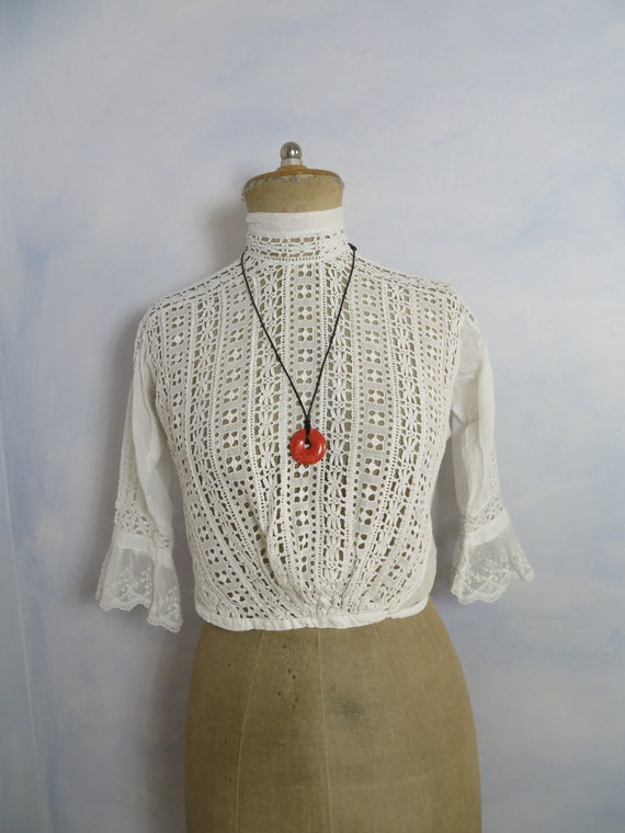 French Antique Short Blouse Size S Eyelets Cotton… - image 10