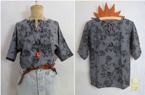 Vintage Cotton Blouse Printed Flower Blouse Butto… - image 1