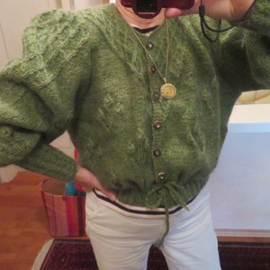 Hand Knit Mouton Sleeve Cardigan crop green Dirndl Cardigan diamond pattern crop Tyrolean Bavarian size L/xL wool cable knit Trachten jacket