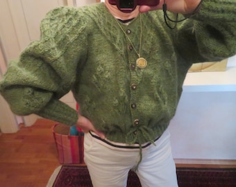 Hand Knit Mouton Sleeve Cardigan crop green Dirndl Cardigan diamond pattern crop Tyrolean Bavarian size L/xL wool cable knit Trachten jacket