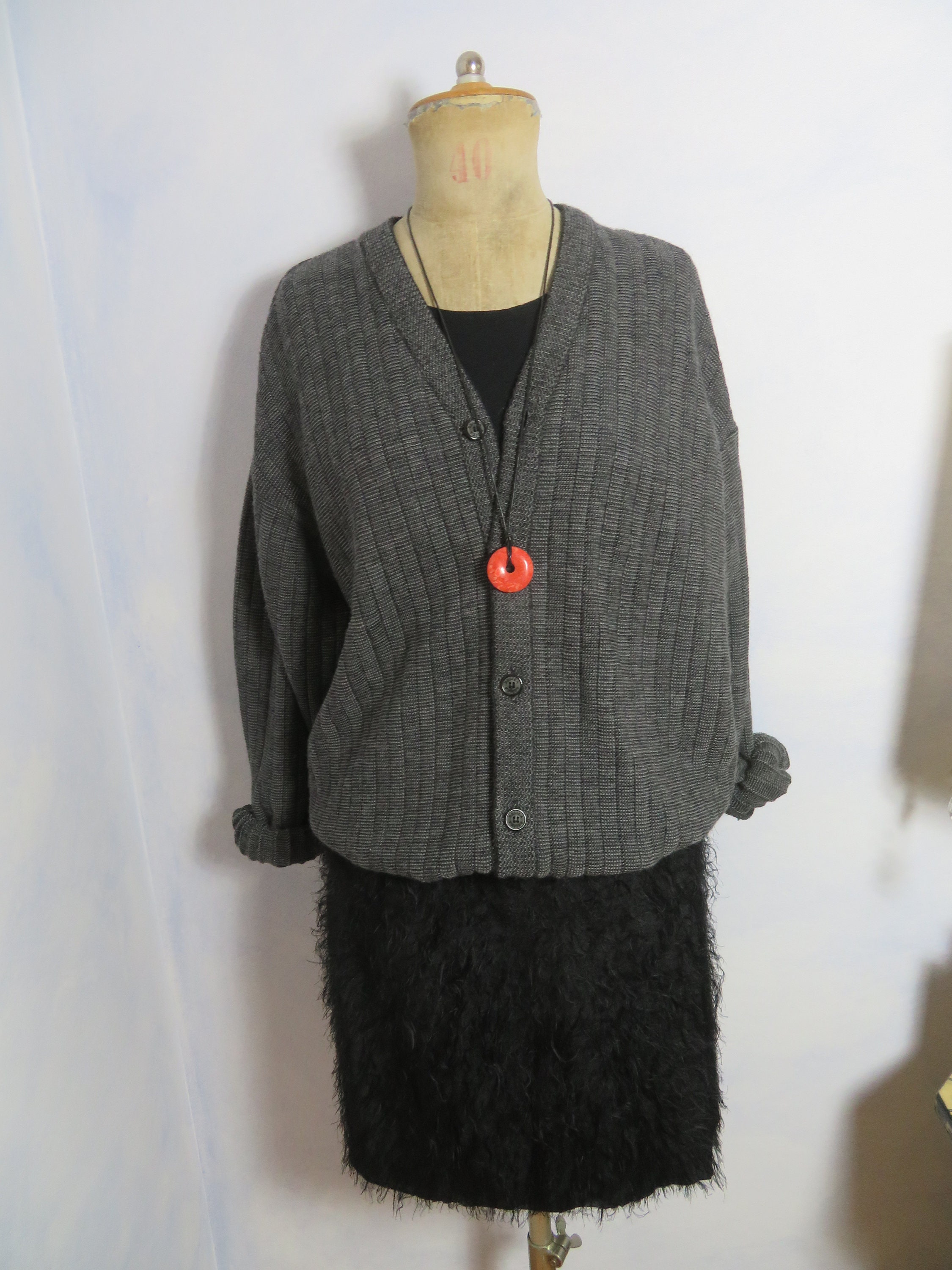Pull Cardigan Vintage Gris Beige Phildar - Taille XL - Occasion Très Bon État