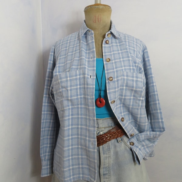 Dry Aged van Laack Flanellhemd Frauen Size M Hemdbluse 2 Taschen Holzfäller Overshirt hellblau weiß kariert 70er 80er Jahre