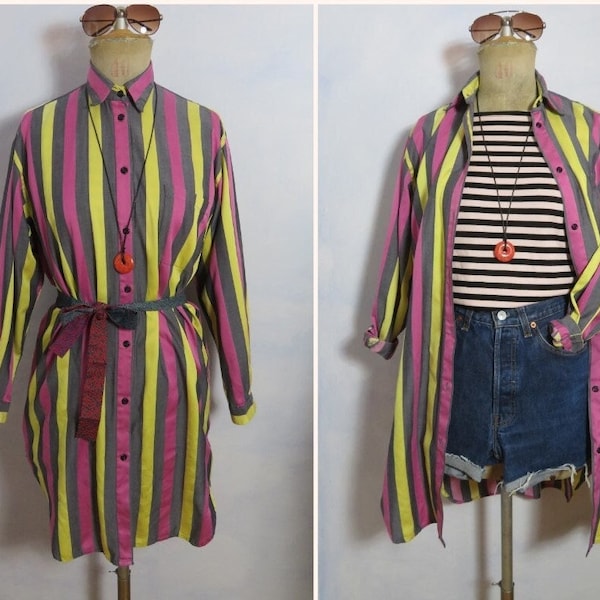 Vintage SEIDENSTICKER wide striped shirt blouse dress size M gray yellow pink print dress buttoned stripes 4/4 arm 80s long blouse