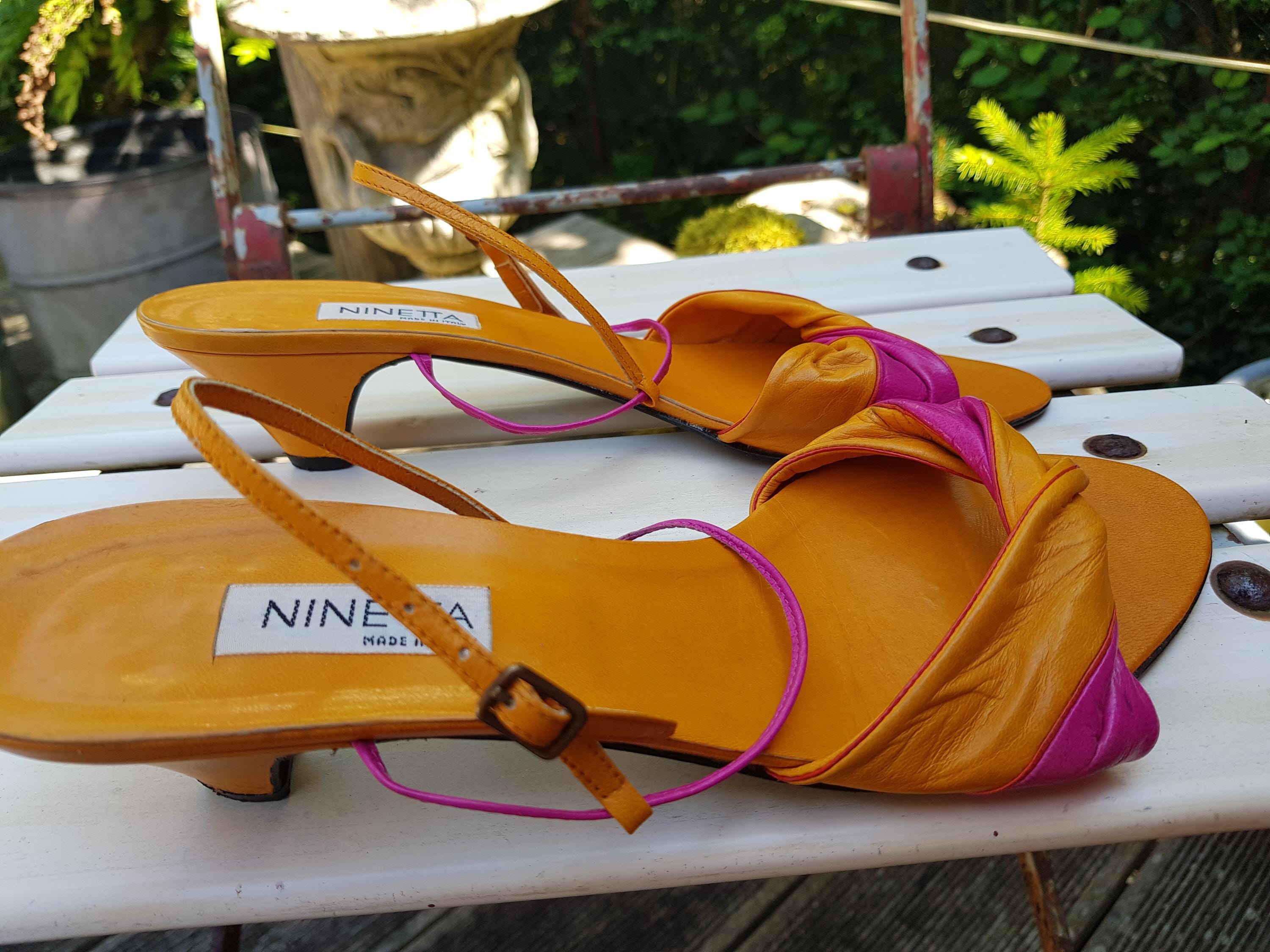 US 9 Orange/Pink strappy shoes 2-tone sandals delicate ankle straps EU 40/UK 7 pumps 100% leather knot slingback Ninetta Italy 80s style