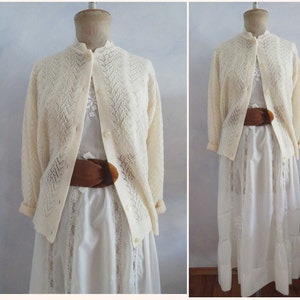 Old/new cream white 100% wool lace cardigan romantic cardigan oversize soft ajour lace knitwear West German production vintage