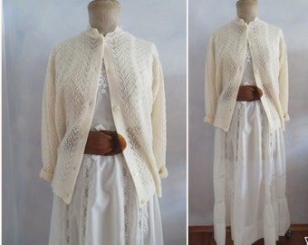 Old/new cream white 100% wool lace cardigan romantic cardigan oversize soft ajour lace knitwear West German production vintage