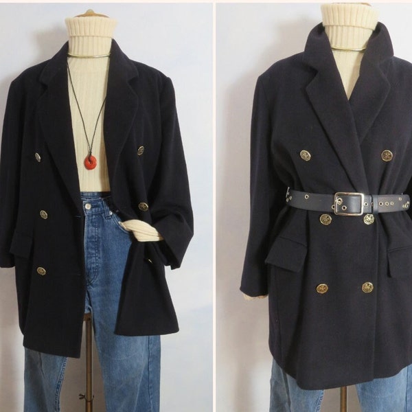 French LE TRUC Long Blazer womans Size L soft navy c.a.s.h.e.m.e.r.e jacket coat double breasted French wool jacket 1980s Vintage