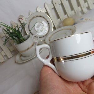 Pair of antique French cups with saucers white hand-painted gold rim coffee cups shabby chic 20s