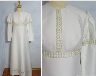 Ivory Puff Sleeve Bridal Dress from German Kleemeier Hof Bridal Gown Lace Trim Empire Waistline 60s 70s Vintage Mod Hippie Wedding