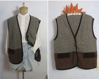 70s checked brown oversize vest with wool and corduroy details mens L/womans xxL overshirt