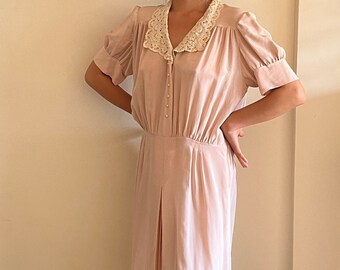 40s antique silk rose pastel pink embroidered homemade midi dress with lace peter pan collar, Romantic Puff Sleeve Cottage Core Dress