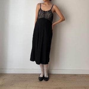Antique 1930s 1940s black liquid satin pure silk lace art embroidered deco bias cut nightgown maxi slip under dress