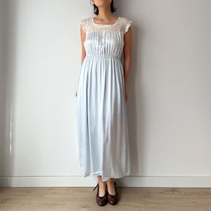 1940s Silk Satin Lace Nightgown, Antique Blue Lace Bridal Romantic Nightie
