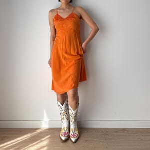 1920s 1930s 100% Silk Orange Bow Appliqué Embroidered Slip dress, Vintage Romantic Lingerie Nightie, Bias Cut Antique dress