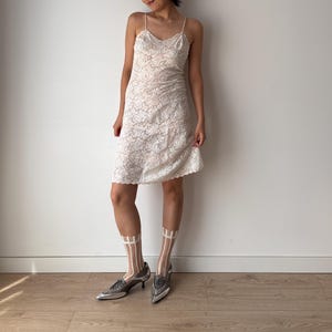 1940s 1950s Antique Pastel Pink Bow Embroidered Lace Cotton Slip underdress, Antique mini dress, 30s Clothing, Vintage nightie