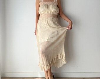 1920s Embroidered Silk Lace Nightgown, Antique Beige Crepe Silk Chiffon Dress