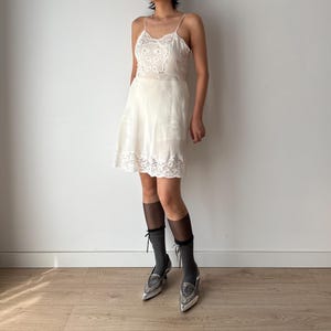 1930s Antique White Lace Liquid Silk Bridal Slip French Lacedress, 40s babedoll lace mini dress, Romantic Vintage 30s Clothing