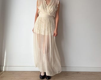 Witte zijden chiffon maxi-jurk jaren 1930, vintage bruidsjurk