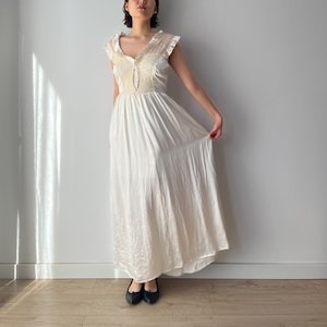 1930s Antique Bridal Lace Bias Cut Negligee Silk Satin Embroidered Nightgown, Liquid Silk Nightdress, 30s Cottage Night gown Maxi Dress