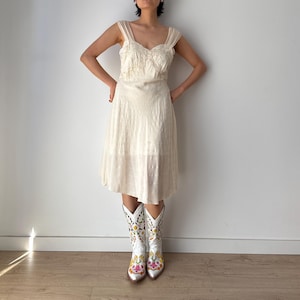 1920s 1930s Antique White Silk Edwardian Victorian Lace Slip dress, Vintage lace mini dress, Romantic floral embroidered lawn lace dress