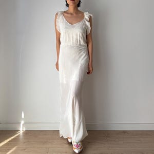 1930s Embroidered Silk Crepe Nightgown: Antique Bias Cut Ruffle Maxi Dress