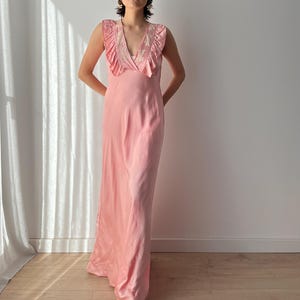 1930s Peach Satin Bias Cut Pastel Pink Pure Silk Embroidered Nightgown, Liquid Silk Nightdress, Cottagecore French Night gown Maxi Dress