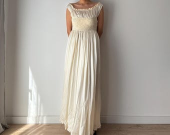 1930s Antique Silk Satin Wedding Dress, Heavy Lace Art Deco Gown, Vintage Flowy Bridal Evening Gown, Retro 30s Formal Ceremony Dress