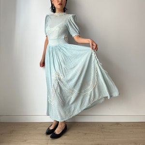1930s Silk Nightgown: Antique Blue Lace Embroidered Maxi Dress