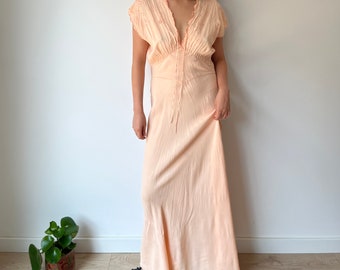 1930s Peach Silk Bias Cut Pure Silk Chiffon Crepe Embroidered Nightgown, Liquid Nightdress, Cottagecore French Night gown Maxi Dress