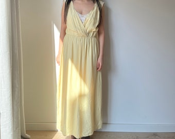 1950s Antique Yellow Bow Tie Floral Embroidered Long Slip Maxi dress, Vintage Romantic Lingerie Nightgown, Bias Cut Long dress