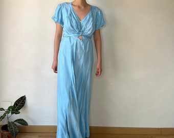 Antique vintage 1940s 1950s liquid satin polka dots chiffon lace art deco babe blue bias cut nightgown maxi slip dress