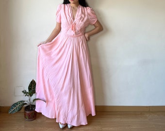 1940s Antique Bias Cut Pastel Pink Rayon Dots Print Nightgown, Liquid Satin Silky Nightdress, 1930s Peach Cottage Night gown Maxi Dress