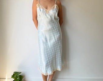 1950s Pastel Blue Lace Liquid Silk Satin Pale Blue Embroidered Tailored Slip Dress, 30s French Camisole, Cottagecore Nightgown