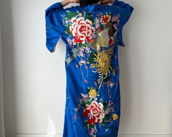 Jaren '30 jaren '20 zijde Chinese handgemaakte Kimono Jas, jaren 1920 Jazz Age Art Dec Zijden Kimono Robe/Jas, Antieke Hand Geborduurde Japanse Zijde