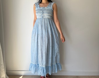 vintage 1960s blue floral print cotton lace ribbon art deco dress, romantic Parisian nightgown maxi slip dress