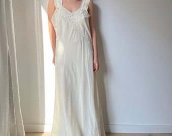 1960s Pure Silk Lace White Liquid Satin Long Maxi dress, Vintage lace wedding dress, Bridal Romantic dress