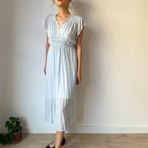 Antique 1930s bias cut liquid pure silk chiffon floral nightdress, Embroidered art deco babe blue nightgown, 30s maxi slip dress