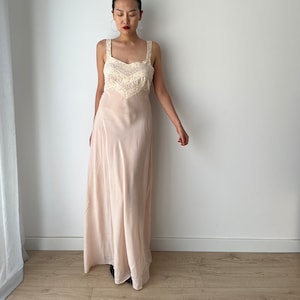 1930s Peach Silk Nightgown: Vintage Lace Embroidered Chiffon Maxi Dress