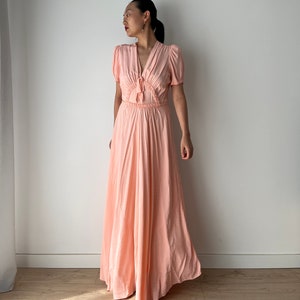 1940s Antique Bias Cut Pastel Pink Rayon Dots Print Bow Dress, Liquid Satin Silky Nightdress, 1930s Peach Cottage Fairy Maxi Bridal Gown