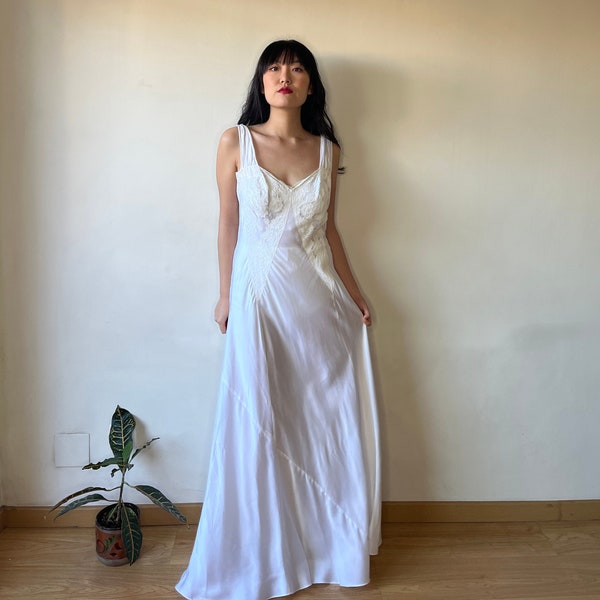 1930s Antique Bias Cut Negligee Pure Silk Embroidered Nightgown, Liquid Silk Nightdress, 30s Cottage Night gown Maxi Dress